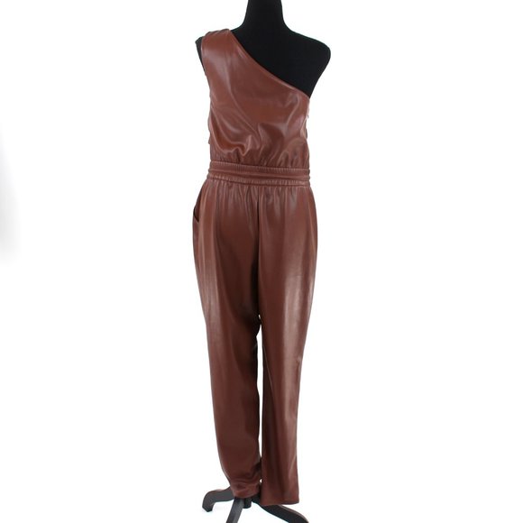 Mother Landside Hover Brown Faux Leather One Shoulder Belted Straight Jumpsuit S - Picture 6 of 9
